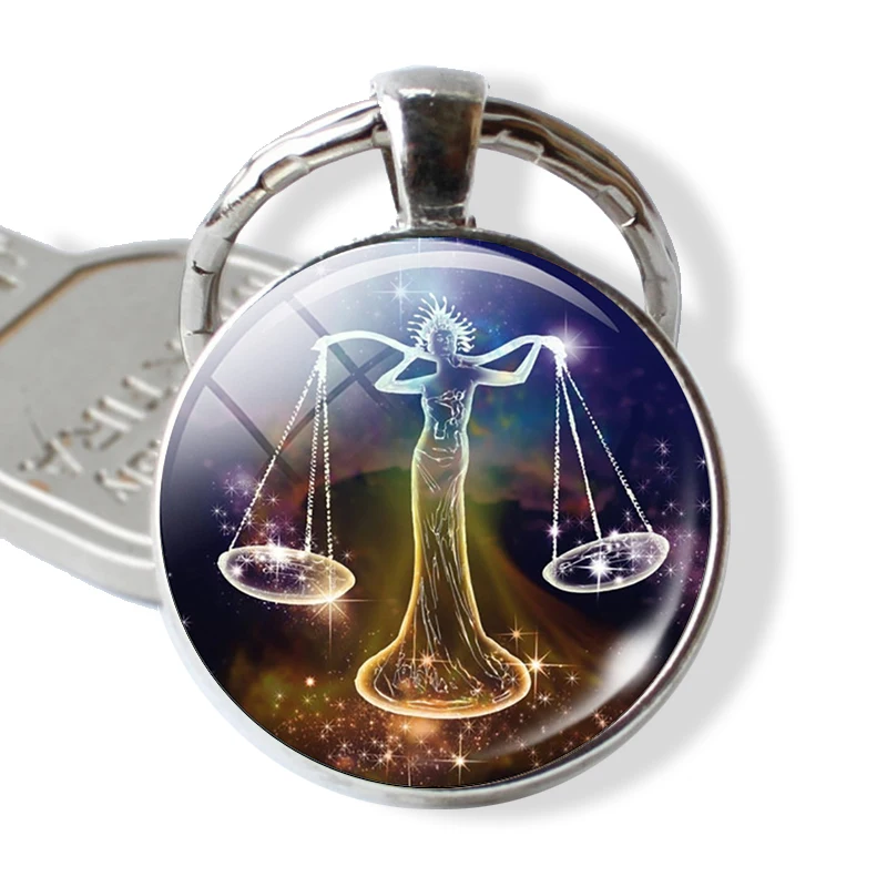Libra Зодиакальный брелок 12 знаков зодиака созвездий Стекло брелок с кабошоном зодиака ювелирные изделия подарки на день рождения для лучших друзей Для мужчин Для женщин - Цвет: Libra