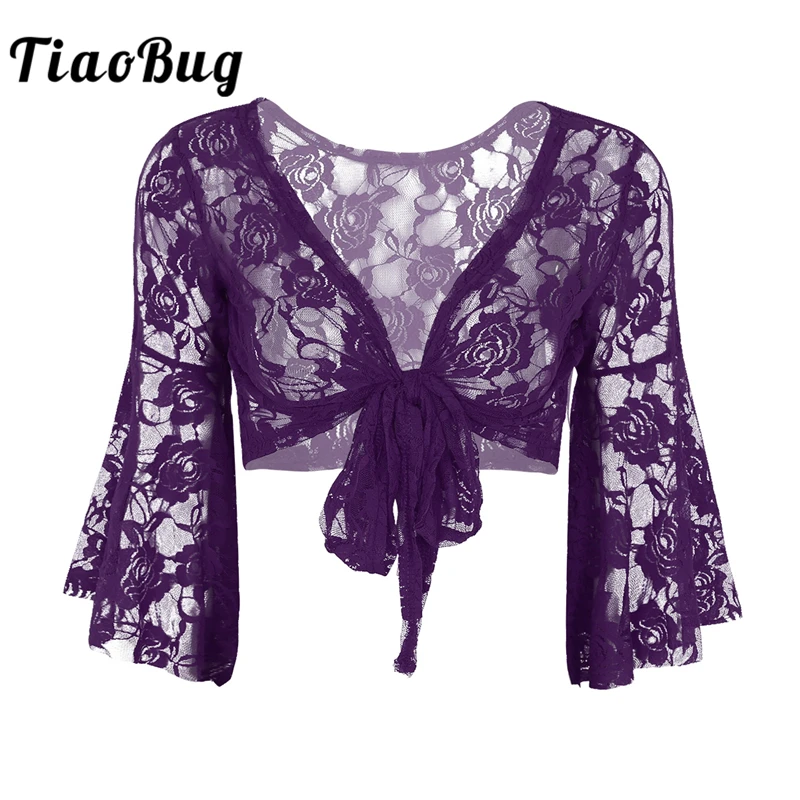 TiaoBug женский топ с цветочным кружевом и длинными расклешенными рукавами, балетная танцевальная одежда, костюм для балерины, накидка для лир...