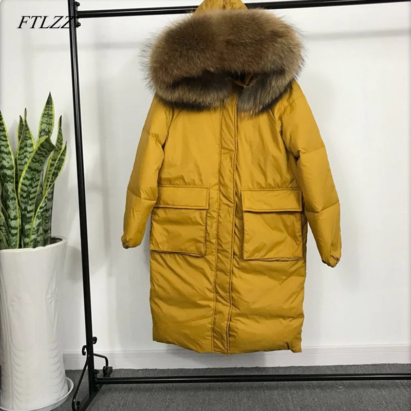 FTLZZ зимние куртки для женщин Повседневное белая утка подпушка большой меховой