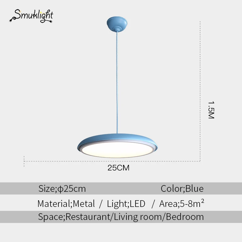 Blue 25cm Modern nordic LED Pendant lamp Art Design metal iron Acrylic suspension Round Plate light RC Dimmer creative thin hanging Lamp - Цвет корпуса: Blue 25cm