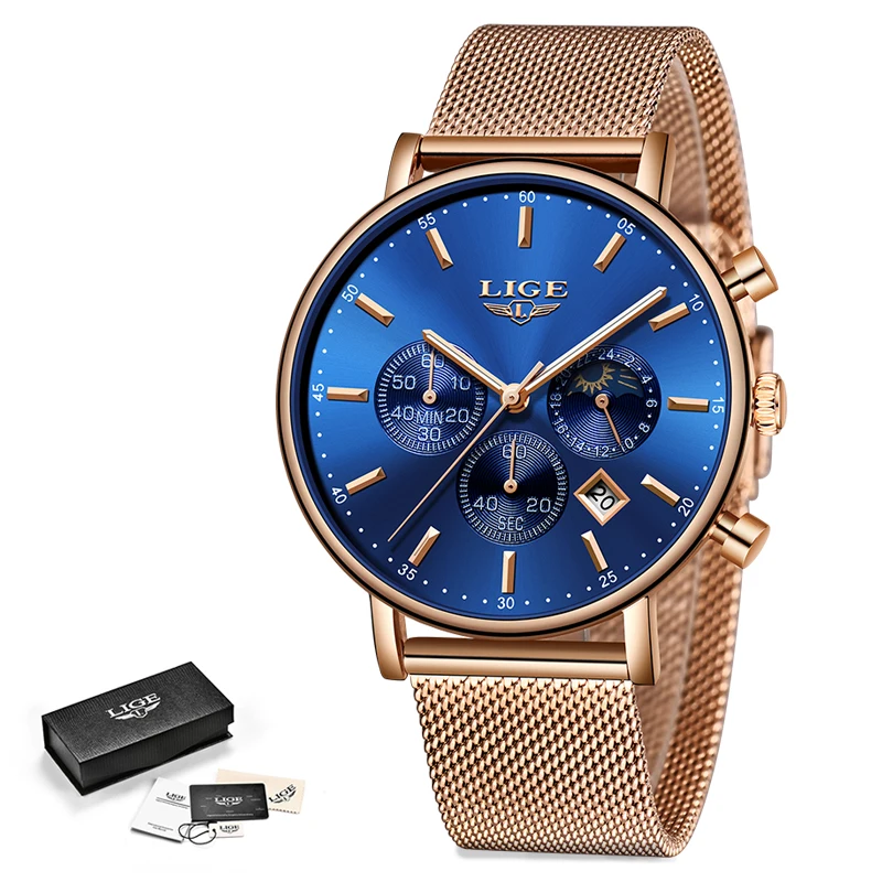 Женские часы Лидирующий бренд LIGE Роскошные Бизнес Кварцевые наручные со