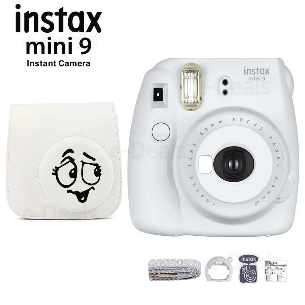 Cam w Smile Case Фотокамера моментальной печати Fujifilm Instax Mini 9 дымчато-белый+ качественный мягкий чехол из искусственной кожи с плечевым ремнем - Цвет: Cam w Smile Case