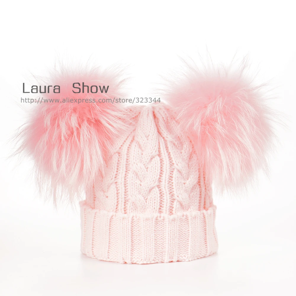 Детская Вязаная Шапка бини из натурального меха норки с помпоном енота|wool cap|beanie
