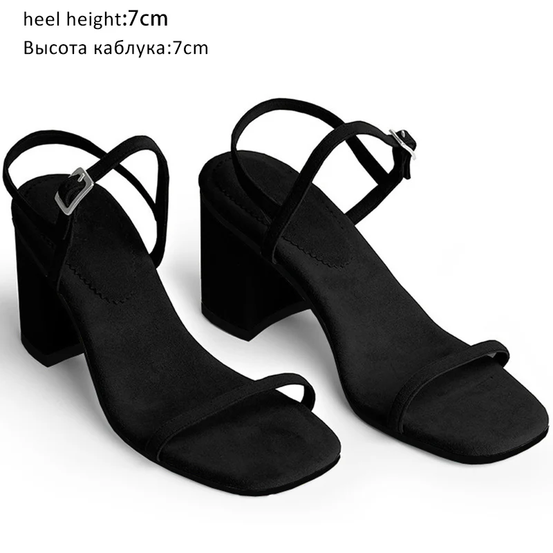 Black Flock 7cm Женские босоножки; Летняя обувь на высоком каблуке с открытым носком и ремешком на щиколотке; женская обувь для вечеринок; брендовые замшевые босоножки на толстом каблуке; женская пляжная обувь - Цвет: Black Flock 7cm