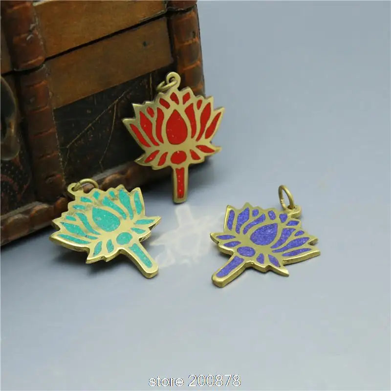Тибетский латунный золотой инкрустированный красочный камень Padma Lotus