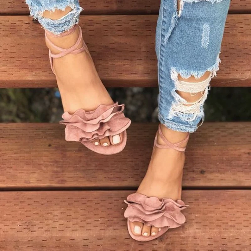 

New Plus Size Women's Sandal Ruffles Shoes Woman Cross Bandage Sandals Summer Shoes Flats Lace-up Ankle Strap Sandalias