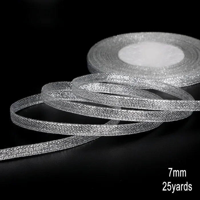 Silver 7mm Полиэфирная плоская веревка, 25 ярдов/партия, Золотая/серебряная Свадебная подарочная упаковка, ленточный канат 7 мм-38 мм, самодельный декоративный шнур ручной работы - Цвет: Silver 7mm