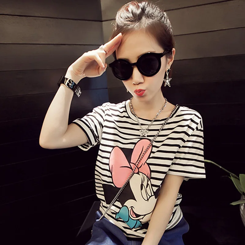 

New Summer Womens T Shirts Short Sleeve Striped Mouse Print Tops Tees Tshirt Casual for Women Plus Size