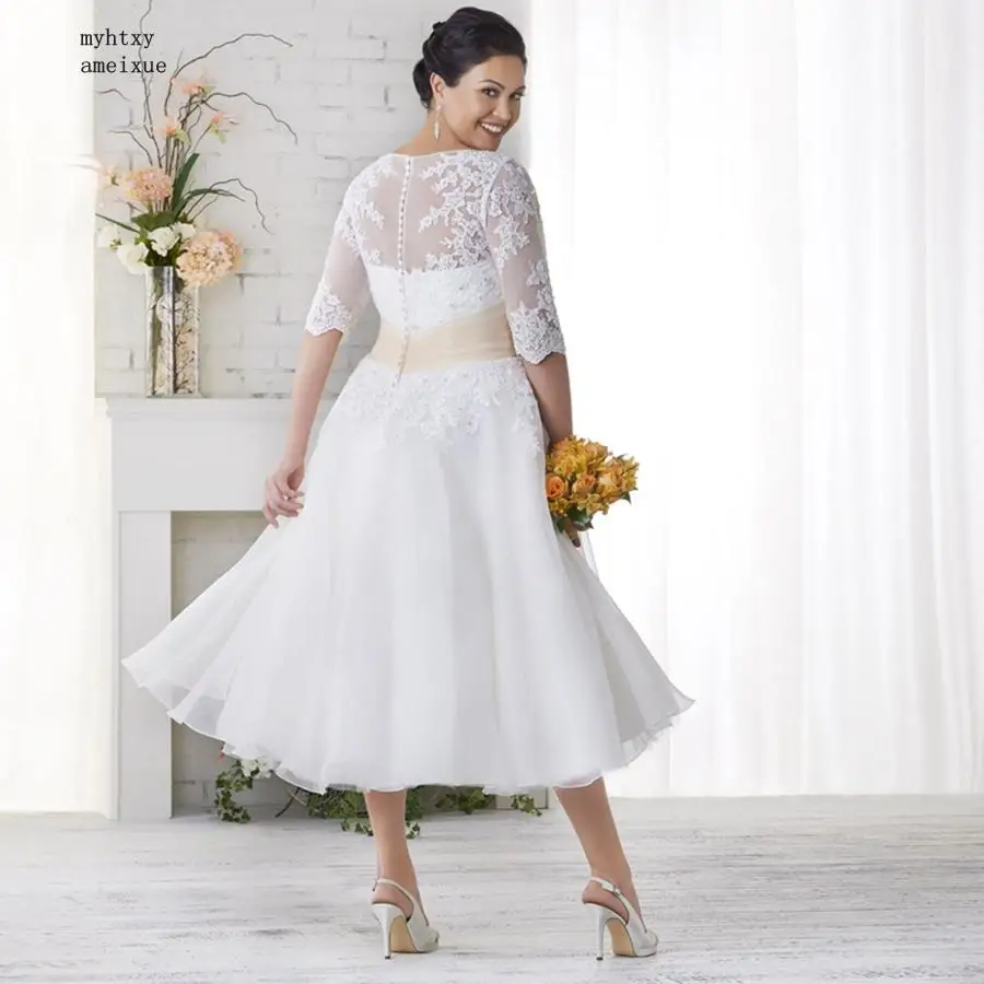 

Tea-length Tulle Cheap Wedding Dress 2020 Vestido De Noiva Half Sleeves Beading Applique A-line Bridal Gowns Plus Size Gelinlik