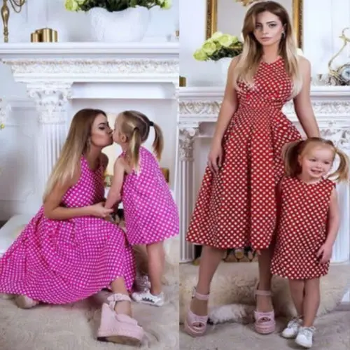 2019 Summer Womens Girl Kids Family Matching Dress Mom Daughter Wave Point Fashion Sleeveless Clothes Dresses | Мать и ребенок