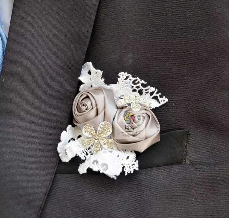 Новый стиль DIY Шелковое кружево Роза свадебная бутоньерка на запястье цветок