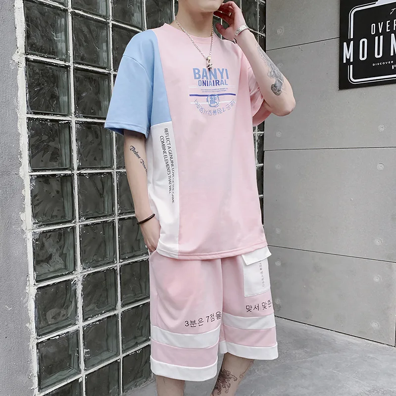 Rlyaeiz High Quality 2019 Summer Men Tracksuit Sets Casual Color Patchwork Letter Printed T shirts + Shorts Male Sporting Wear | Мужская
