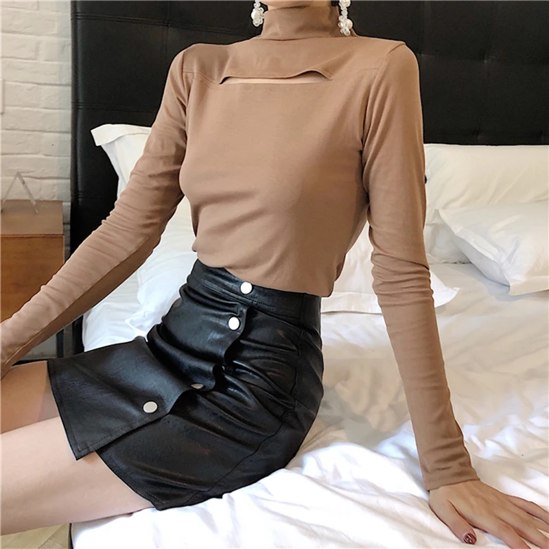 Mini Skirt 2018 Autumn Winter New Arrivals Khaki Black Leather Side Single Button Skirts Womens Korean Fashion Sexy | Женская одежда