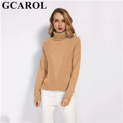 Khaki Женский свитер-водолазка GCAROL, теплый вязаный джемпер с разрезами по бокам, 7 цветов, пуловер большого размера со спущенными плечами на осень и зиму - Цвет: Khaki