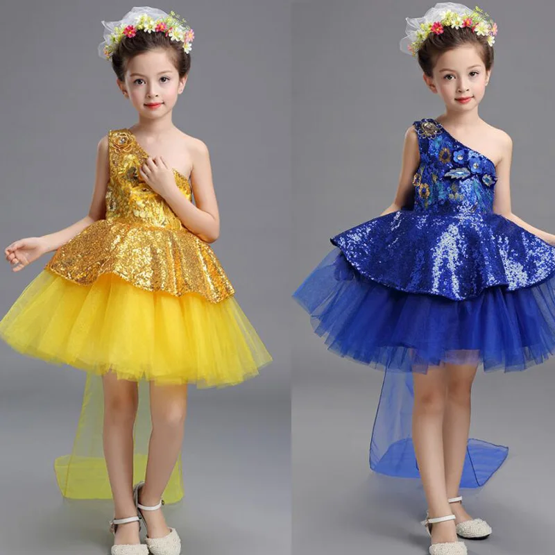 Голубое желтое платье с блестками для девочек свадьбы вечеринки Бальные