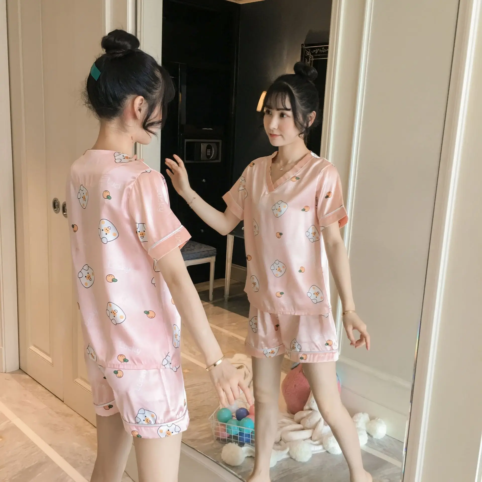 Pajama girls summer ice silk short sleeves two pieces of suit Korean fresh sweet lovely students thin silk home clothes