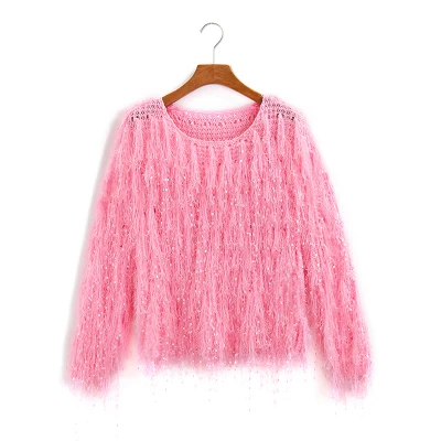 PINK pullover Зимний Тонкий вязаный пуловер с длинными рукавами и кисточками из мохера Женский трикотажный свитер модный меховой джемпер корейский спортивный костюм Джемпер Топ - Цвет: PINK pullover