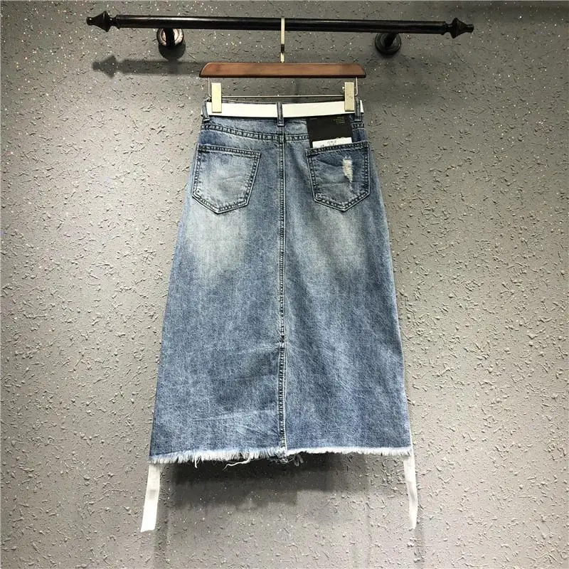 2018 Новый high street Женщины Юбки Леди Мода отверстия Империя синий деним до колен