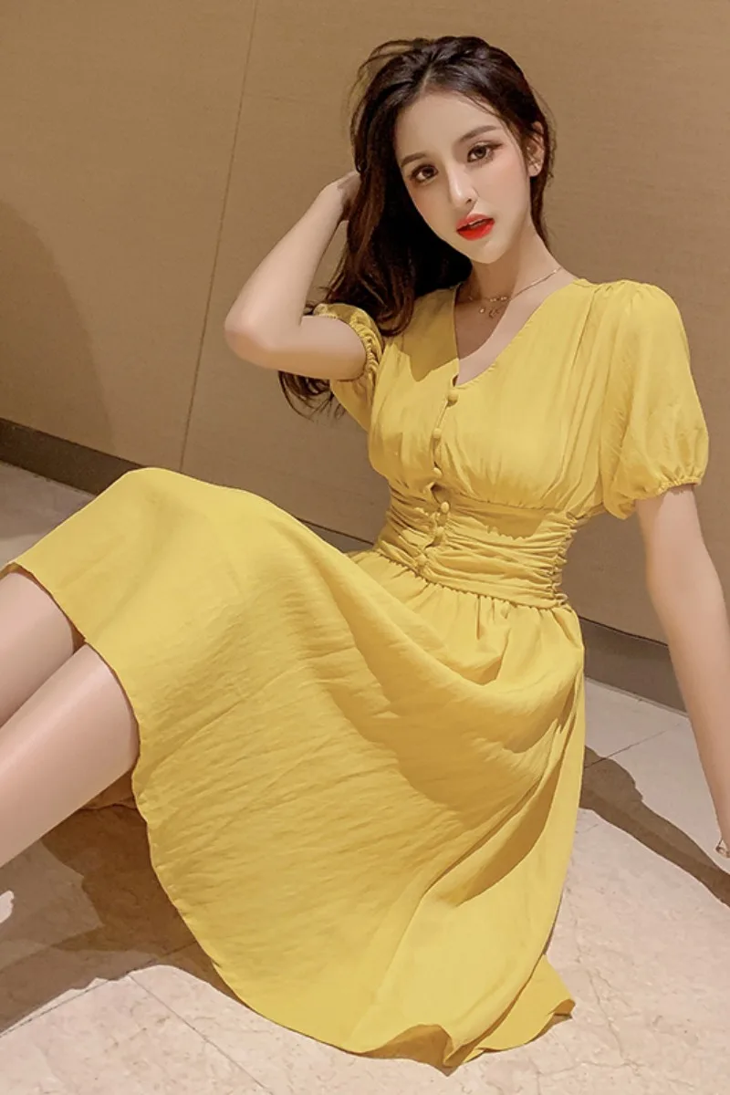 

Women Dress Vintage 2019 Summer New Korean V-neck Girls Dress Ladies Short Sleeve High Waist Solid A-line Dress Casual Vestidos