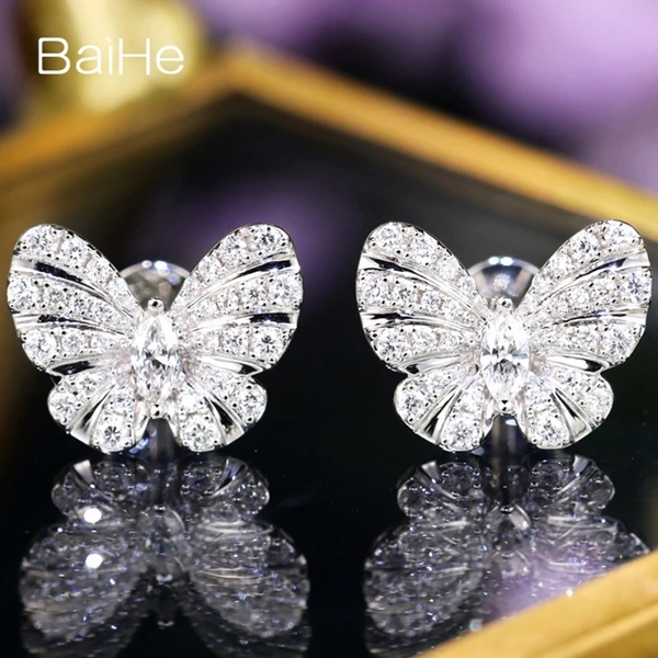 BAIHE Solid 14 K белое золото 0.38ct H/SI натуральные Алмазы обручальные женские модные ювелирные изделия Уникальные серьги-гвоздики