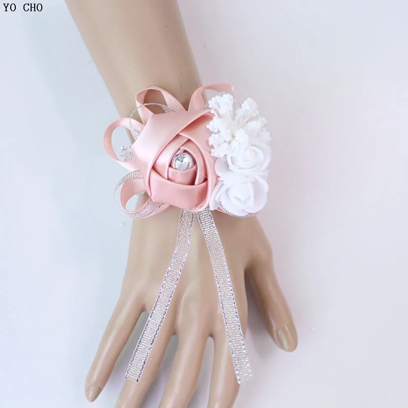 light pink2 YO CHO 10 шт. свадебный цветок на руку, свадебное украшение, свадебный браслет с розами, Шелковый PE искусственный цветок для невесты, подружки невесты - Цвет: light pink2