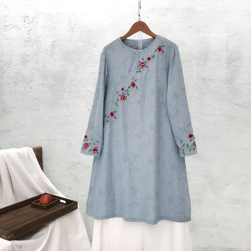 Cotton Linen Female Long Sleeve Retro Literary Embroidery Spring National Wind Dress Round Neck A-Line Dresses |