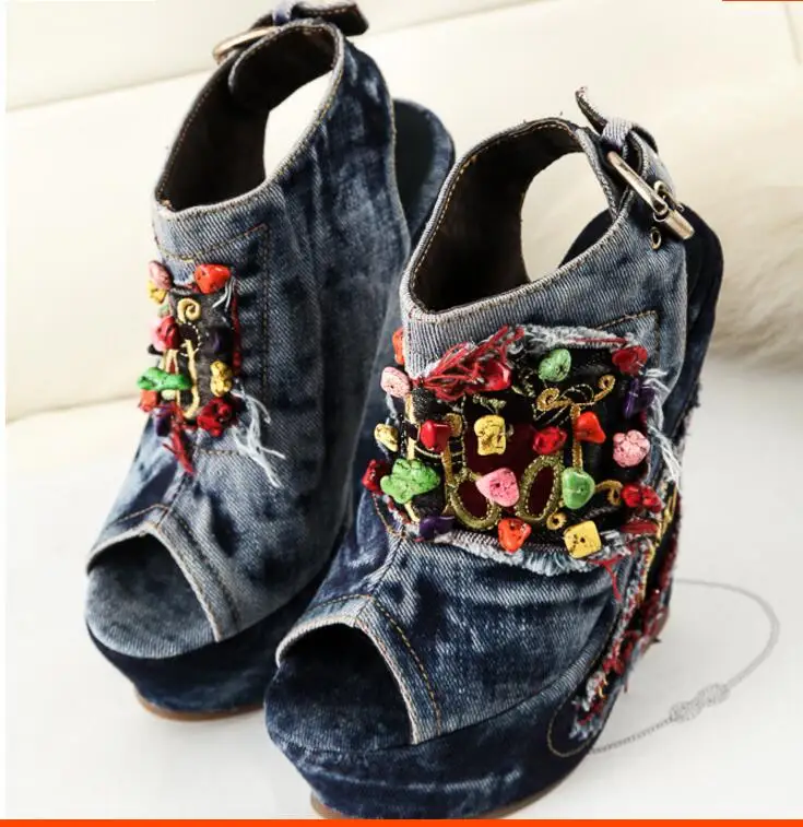 

Blue Denim Water Wash Shallow String Bead Sandals Fashion A word Belt Cowboy Peep Toe Shoes High Heels Jean Free Shipping