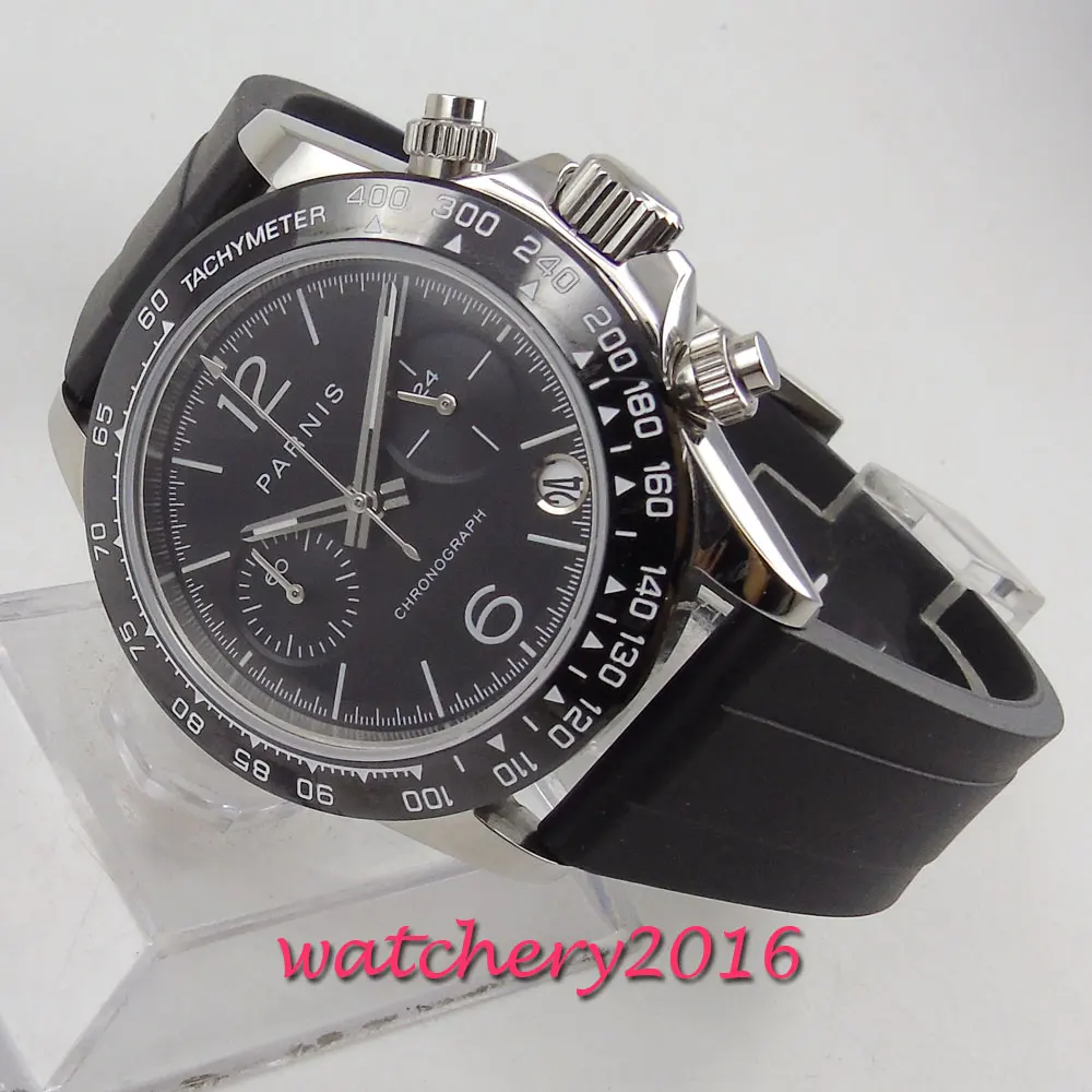 Мужские часы с черным циферблатом PARNIS 39 мм хронограф резиновым ремешком