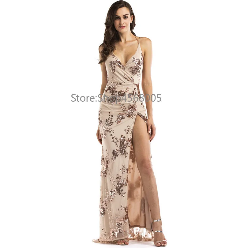 Пикантные роскошные золотые блёстки платье Макси Лето 2018 элегантный черный V