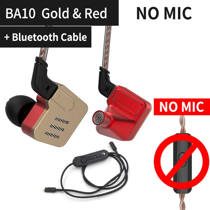 GoldRedNomicBluetoot KZ BA10 гарнитура сбалансированная арматура драйвер 5BA HIFI бас наушники в ухо монитор наушники спортивные шумоподавления металлические наушники - Цвет: GoldRedNomicBluetoot