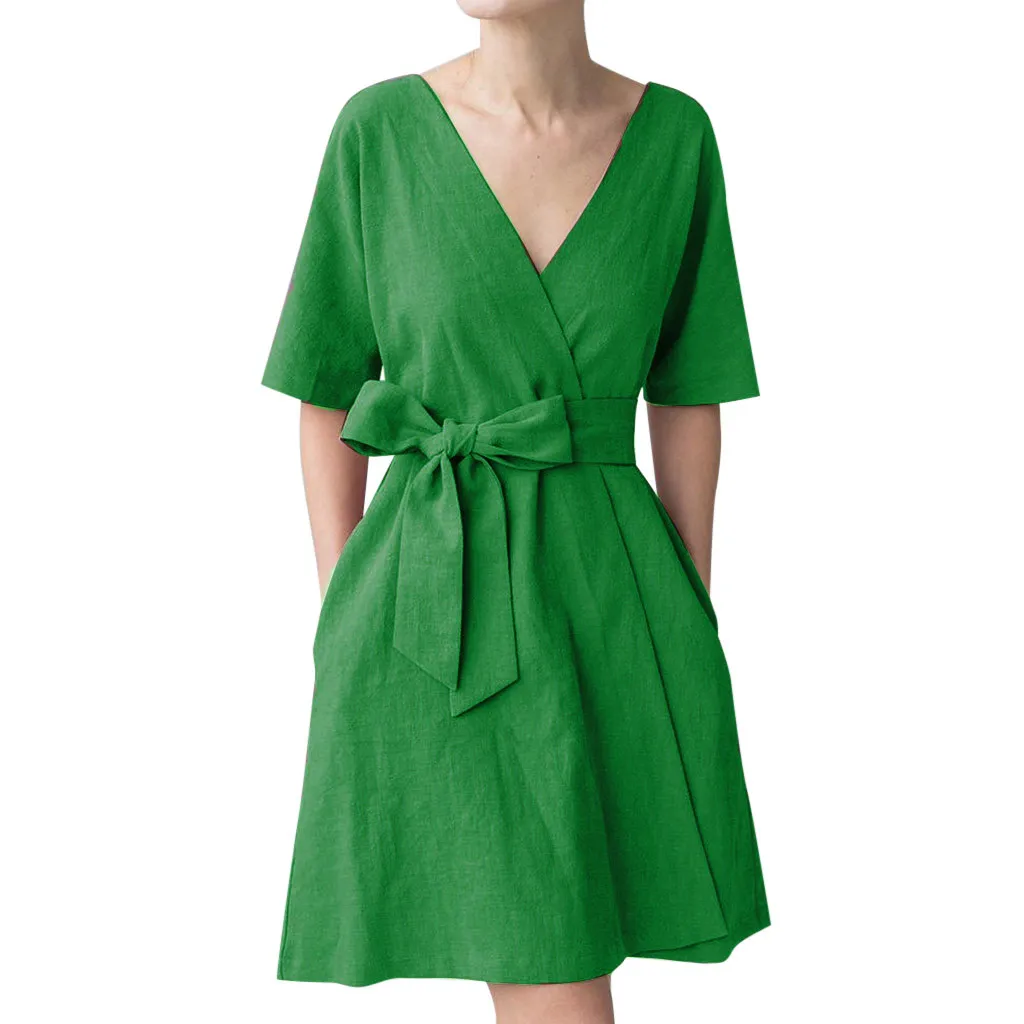 JAYCOSIN Women's Fashion Summer Classic Dresses With Sashes Short Sleeve V Neck Mini Pockets Vestidos dropshipping | Женская одежда