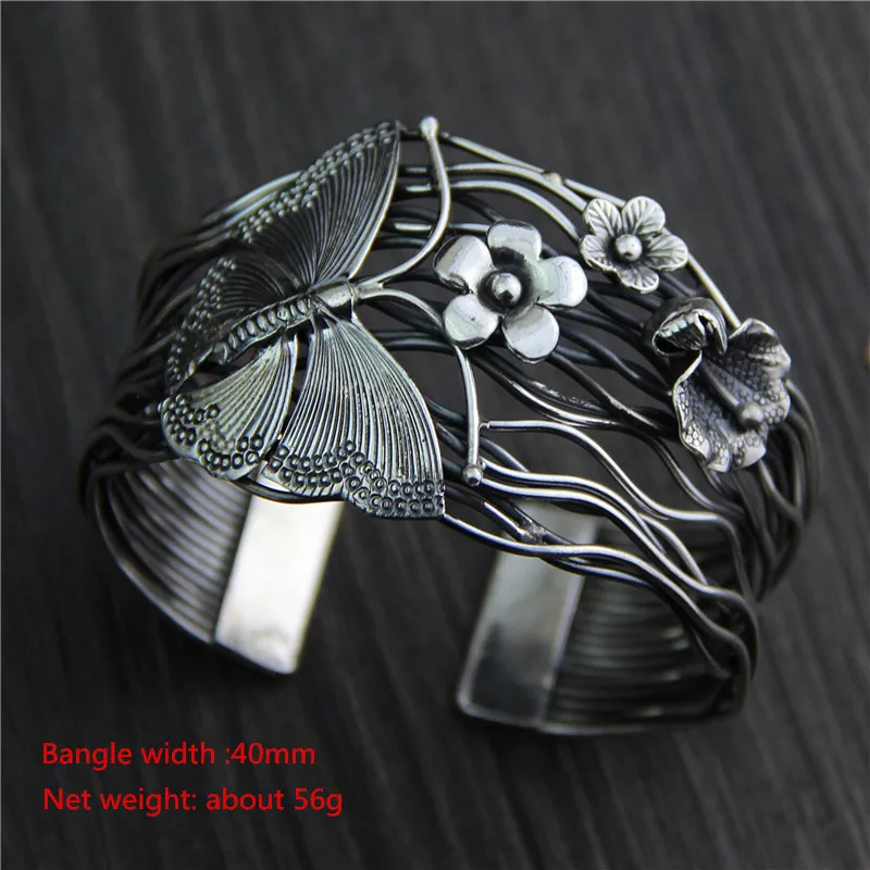 Bangle Тайский серебряный классические ювелирные комплекты кольца с бабочкой Экстра широкая нарукавная нашивка браслеты этнический стиль 925 стерлингового серебра серьги для женщин - Окраска металла: Bangle