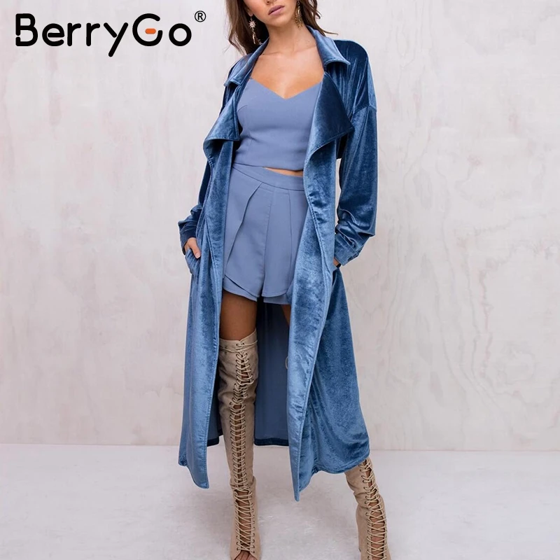 BerryGo Сексуальный Кардиган велюр Женские длинные пальто осень зима тонкий Тренч
