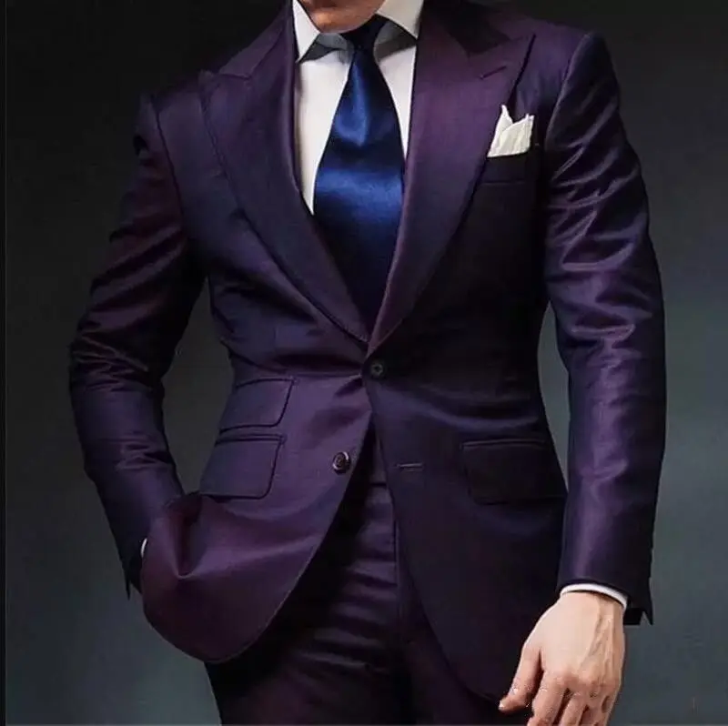 

2018 Purple Groom Tuxedos Men Wedding Suits Jacket Two Button Groomsmen Custom