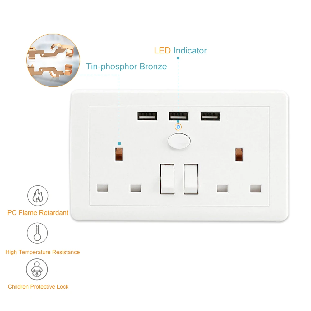 Фото Двойная настенная розетка с 3 USB портами для быстрой зарядки 13 а 250 В uk wall socket fsocket Двойная настенная розетка с 3 USB портами для быстрой зарядки 13 а 250 В uk wall socket fsocket