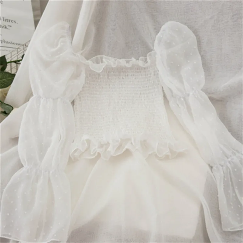 Квадратный воротник, однотонный Blusas с расклешенными рукавами, шикарные шифоновые оборки, сексуальная женская блузка, новые сетчатые Лоскутные рубашки в горошек, ZY4467