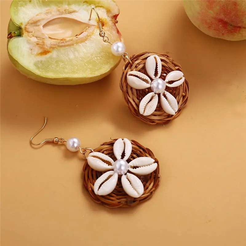 Boho Ocean Beach Starfish Cowrie Shell Rattan Earrings Vintage Handmade Braided Geometric Bamboo Wicker Straw Wooden | Украшения и