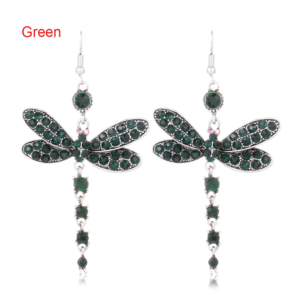green 1 пара, новинка, женские великолепные цвета, стрекоза, насекомое, кристаллы, стразы, кисточка, висячие серьги, модные панк ювелирные изделия - Окраска металла: green