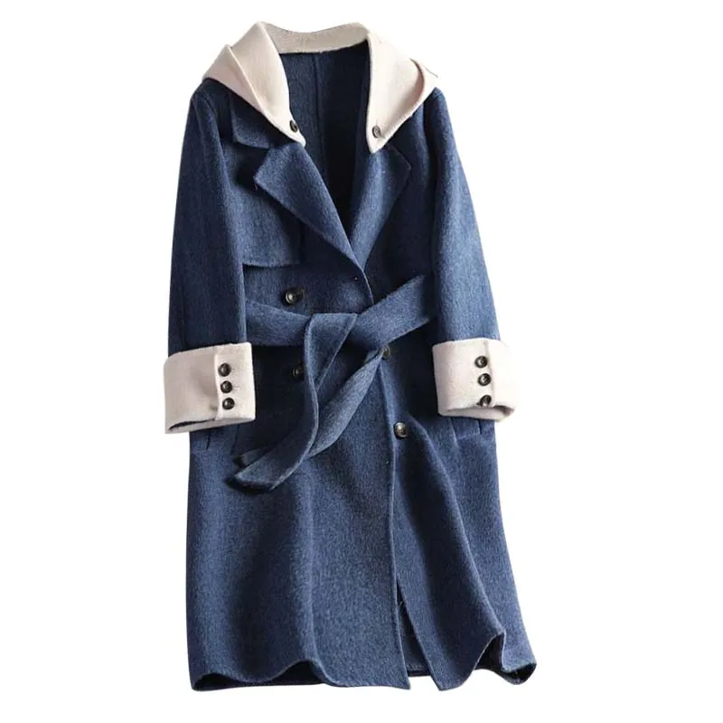 

New double-sided wool overcoat mid-long cashmere anti-season capped Korean version age-reducing and self-cultivation