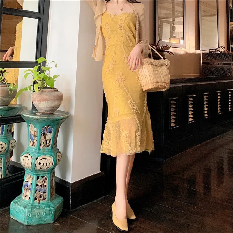 Korean Women 2 Piece Sets 2019 Sunscreen Cardigan And Lace Dress Two Summer Fashion Matching Outfits Sweet Suits | Женская одежда