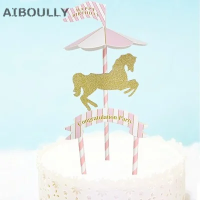 Карусель лошадь торт Топпер Творческий флажки для кексов Baby Shower дети с днем