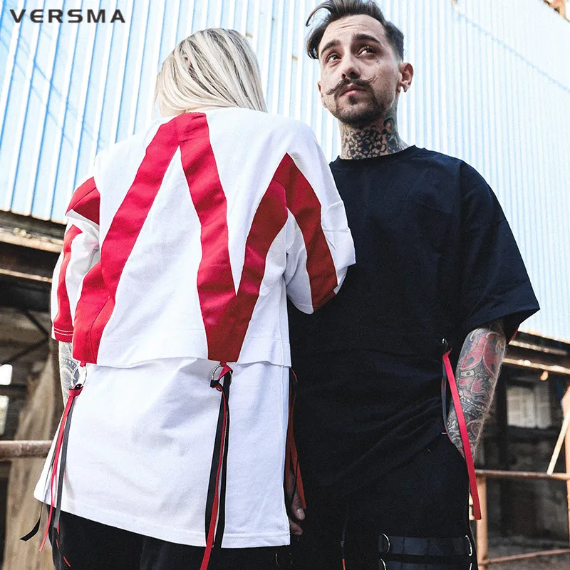 VERSMA High Street Хип-Хоп городской уличный сверхразмерный Футболка мужская летняя японская Harajuku лента Лоскутная парная футболка