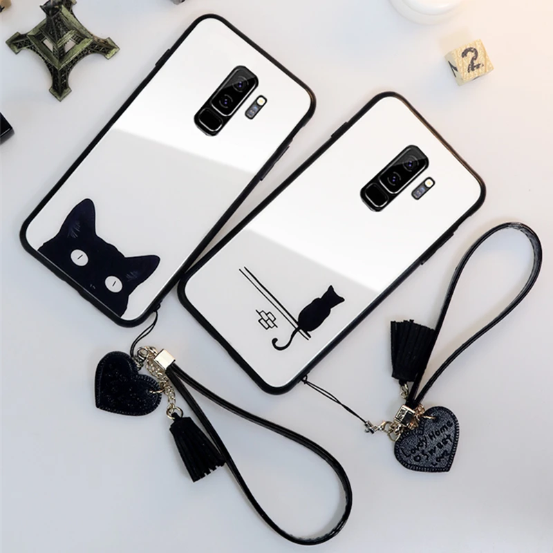 BONVAN закаленное Стекло чехол для samsung Galaxy s9 s8 плюс милые чехол с изображением котов чехол на самсунг Galaxy Note 9 8 s8 s9 plus case кисточкой ремешок случай защиты чехлы на телефон