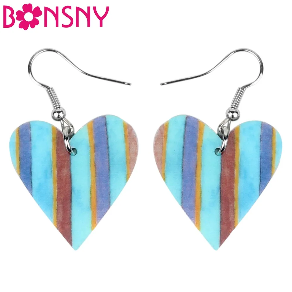 

Bonsny Acrylic Valentine's Day Stripe Heart Earrings Drop Dangle Fashion Cute Jewelry For Women Girls Ladies Gift Charms Brincos