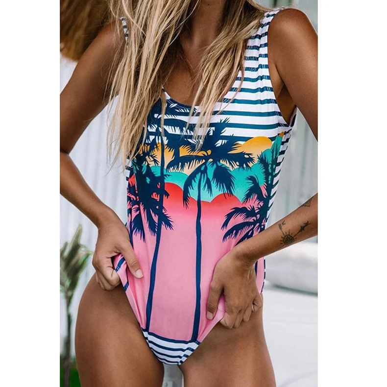 2019 сексуальный Полосатый Синий боди Женский цельный купальник Пушап с принтом