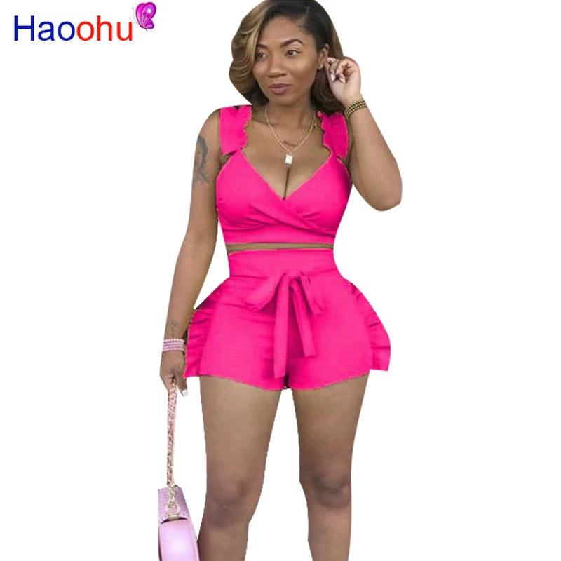 

Women Sexy Deep V-Neck Ruffle Two Piece Set Sashes 2019 New Crop Top And Shorts Solid Suit Casual Clothes Summer Outfits