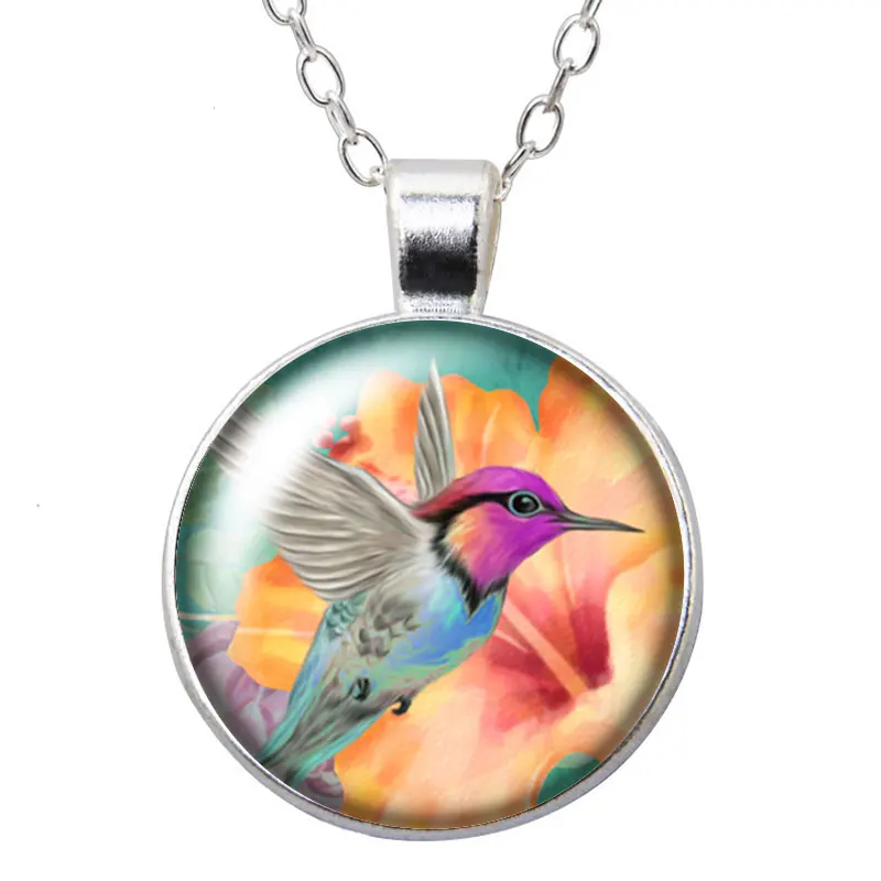 Красивые цветы птицы фото серебряный цвет/Бронзовый кулон ожерелье 25 мм