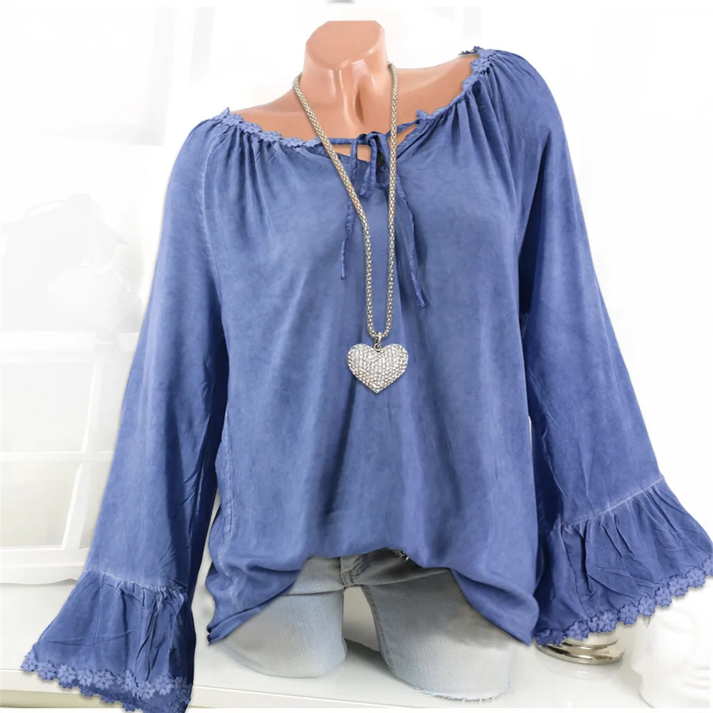 Plus Size Fashion Lace Patchwork Blouse Ladies Casual V-Neck Bandage Tee Tops Female Women's Long Sleeve Shirt Blusas Pullover | Женская