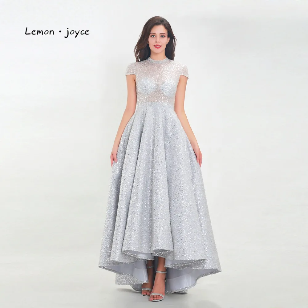 Lemon joyce Роскошные вечерние платья с высоким воротом и рукавами-крылышками с блестящими пайетками вечерние платья трапециевидной формы Robe de soiree - Цвет: Серый