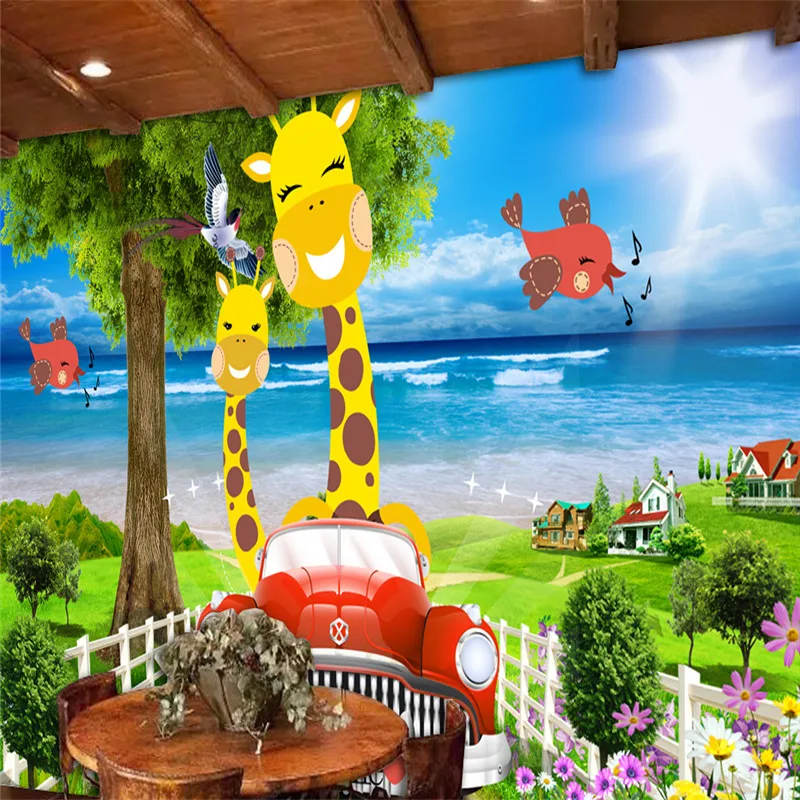 3D Custom Cartoon Pattern Wallpapers Kids Murals for Children's Room Background Giraffe Car Mural Tree Sea Pictures Walls Paper |